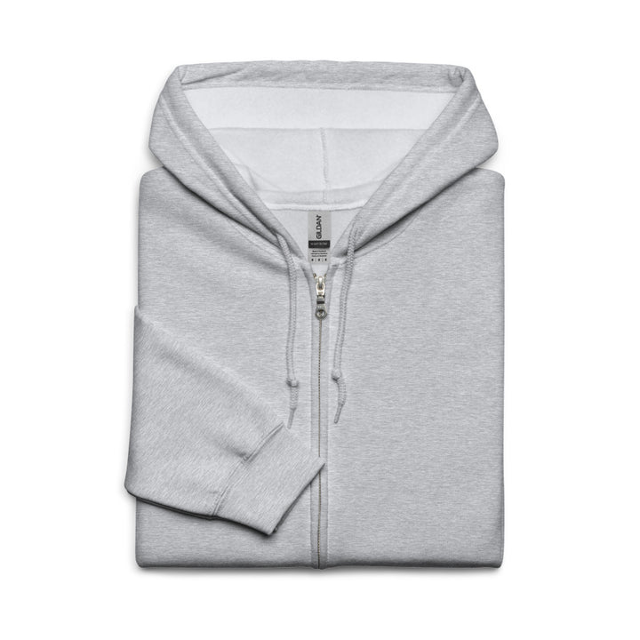 a grey sweatshirt with a zipper on the front